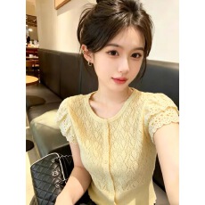 批发软萌韩系风淡黄色蕾丝花边<b class='q'>针织</b><b class='q'>开衫</b>2026夏季新款温柔气质短袖上衣