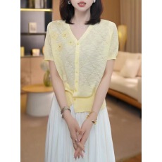 批发黄色V领单排扣短袖<b class='q'>针织</b><b class='q'>开衫</b>女2026夏季新款宽松显瘦竹节棉上衣