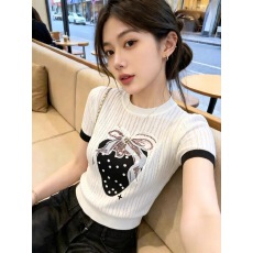 批发趣味印花撞色边圆领泡泡短袖针织衫女夏季2026新款设计感显瘦<b class='q'>上衣</b>