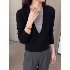 批发老钱风假两件黑色针织衫女秋冬松弛感修身<b class='q'>显瘦</b>毛衣打底衫内搭上衣