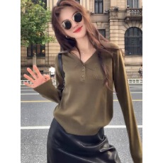 批发老钱风穿搭polo领长袖针织衫女早秋显瘦内搭打底宽松<b class='q'>休闲</b>慵懒上衣