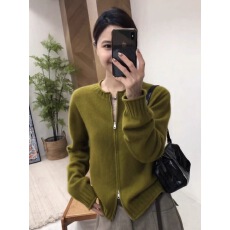 批发绿色圆领双拉链长袖针织开衫2026年秋季上新大码<b class='q'>女装</b><b class='q'>胖</b>MM<b class='q'>毛衣外套</b>