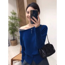 批发高智感穿搭蓝色一字肩针织衫女早秋慵懒氛围感内搭宽松显瘦小上衣