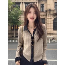 批发韩系复古麻花拼接牛仔polo领针织开衫女气质显瘦打底秋冬毛<b class='q'>衣外套</b>