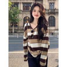 慵懒风咖色条纹v领长袖针织衫毛衣女秋天穿搭小个子洋气宽松上衣