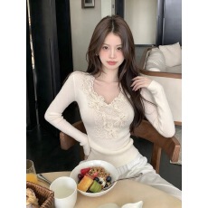 批发2026秋季法式蕾丝V领针织衫女立体<b class='q'>花朵</b>修身显瘦长袖内搭打底<b class='q'>上衣</b>