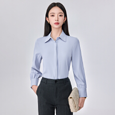 批发法式雾霾蓝暗门襟缎面衬衫女2025秋<b class='q'>冬</b>长袖复古港风通勤职业白衬衣