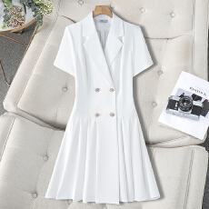 批发2025新款黑色西装连衣裙女<b class='q'>夏</b>季气质中长款收腰职业装短袖百褶裙子