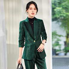 批发高级感金丝绒绿色西服套装女<b class='q'>秋</b>冬季新款修身一粒扣通勤职业小西装