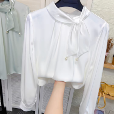 批发2025法式温柔领口蝴蝶结衬衫女春季新款复古缎面垂感<b class='q'>职业</b>通勤上衣