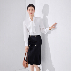 批发高级感雪纺<b class='q'>衬衫女</b>士秋冬季蝴蝶结V领长袖上衣气质职业正装工作服