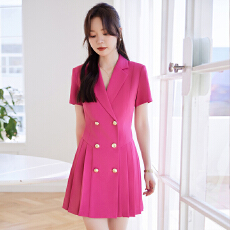 批发通勤高端双排扣连衣裙2024春夏季新款名媛淑女气质短袖西装领裙子