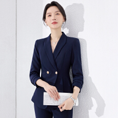 批发藏青色西装套装女<b class='q'>秋</b>季通勤气质干练职业装修身双排扣西服外套正装