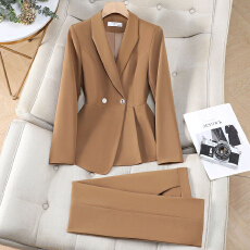 批发藏青色西装套装女<b class='q'>秋</b>季通勤气质干练职业装修身双排扣西服外套正装