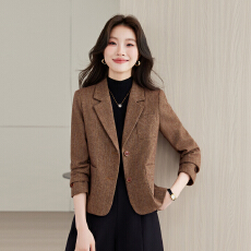 批发小个子咖色短款西装外套女秋冬高级感毛呢小西服韩版修身通勤百搭