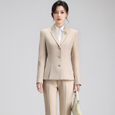 批发米杏色小香风西装套装女秋季花边翻领<b class='q'>修身</b>外套直筒西裤两件套