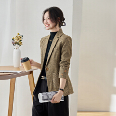批发黄咖色亚麻西装外套女<b class='q'>春</b>秋收腰显瘦气质苎麻通勤小西服