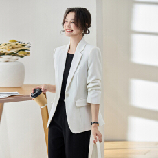批发白色 V 领亚麻西装外套女<b class='q'>春</b>秋无领薄款收腰气质通勤苎麻小西服