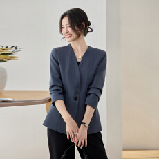 批发藏青色 V 领西装外套女<b class='q'>春</b>秋无领收腰显瘦气质通勤职业小西服