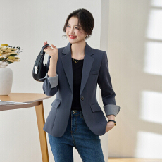 批发藏青色亚麻西装外套女<b class='q'>春</b>秋单粒扣翻袖口休闲松弛感通勤小西服