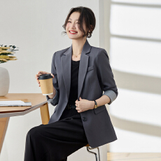 批发深灰色亚麻西装外套女<b class='q'>春</b>秋翻袖设计感宽松休闲气质通勤小西服