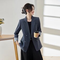 批发藏青色亚麻西装外套女<b class='q'>春</b>秋双排扣休闲翻袖设计感通勤气质小西服