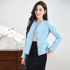 批发浅蓝色小香风短外套女<b class='q'>春</b>秋圆领粗花呢气质名媛小个子短款上衣