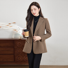 批发咖啡色人字纹毛呢西装外套女秋<b class='q'>冬</b>复古通勤气质中长款呢子小西服