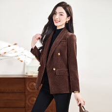 批发咖色灯芯绒双排扣西装外套女秋<b class='q'>冬</b>复古休闲通勤气质小西服上衣