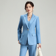 批发浅蓝色职业西装套装女单扣外套直筒长裤春<b class='q'>夏</b>通勤商务两件套