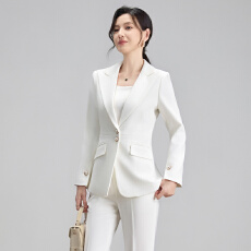 批发<b class='q'>白色</b> V 领小香风职业套装女收腰西装直筒长裤通勤正式两件套