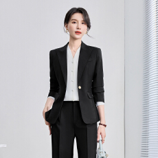 批发一粒金扣黑色<b class='q'>七分袖</b><b class='q'>小西装</b>套装女垂坠长裤显瘦职场面试商务两件套