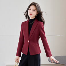 批发酒红色收腰短款<b class='q'>小西装</b>外套女一粒扣<b class='q'>修身</b>通勤正装职业西服上衣