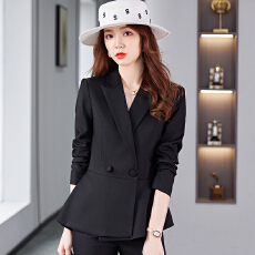 批发黑色西装套装女春秋双排扣收腰小西服职场通勤正装主持人职业套裤
