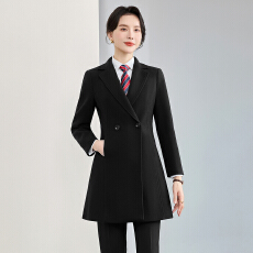 批发黑色<b class='q'>西装</b>领双排扣中<b class='q'>长款</b>大衣<b class='q'>女</b>行政职场物业通勤显瘦职业毛呢外套