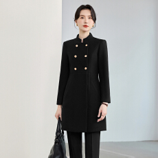 批发黑色立领双排金扣中<b class='q'>长款</b>大衣<b class='q'>女</b>行政物业职场通勤干练职业风外套