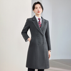 批发深灰色<b class='q'>长款</b><b class='q'>西装</b>领毛呢大衣<b class='q'>女</b>双排扣物业行政职场通勤职业外套