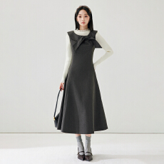 批发灰色蝴蝶结无袖背心连衣裙<b class='q'>女</b>中<b class='q'>长款</b> A 字显瘦学院风叠穿背带裙