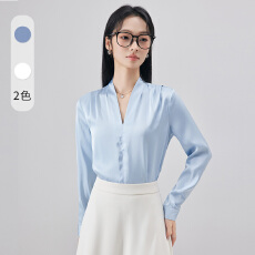 批发蓝色 V 领缎面长袖衬衫<b class='q'>女</b>垂感气质通勤简约职业正装打底衬衣