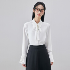 批发白色蝴蝶结领长袖衬衫<b class='q'>女</b>温柔荷叶袖通勤气质垂感打底衬衣
