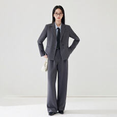 批发灰色休闲西装外套女高腰垂感阔腿西裤职场面试通勤两件套