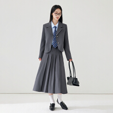 批发灰色短款西装外套女高腰大摆中长半身裙学院风 JK 通勤两件套