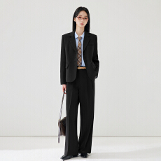 批发黑色宽松西装外套女高腰垂感阔腿西裤职场通勤正装两件套