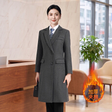 批发灰色加棉中<b class='q'>长款</b>职业毛呢大衣<b class='q'>女</b>酒店前台物业客服工装加厚外套