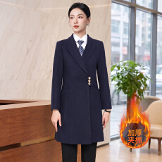 批发藏青色加棉中<b class='q'>长款</b>职业大衣<b class='q'>女</b>酒店前台物业客服工装加厚外套