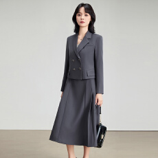 批发干练灰西装两件套女长袖双排扣外套垂感 A字中长裙酒店办公工作服