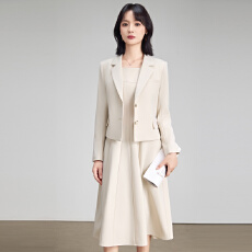 批发简约杏色西服套裙女长袖短款<b class='q'>外套</b> A字大摆<b class='q'>连衣裙</b>面试上班通勤女装