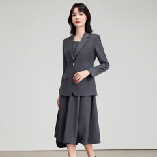批发干练深灰色职业套装女修身西装外套 A字中长裙面试<b class='q'>酒店</b>前台<b class='q'>工作服</b>