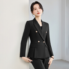 批发黑色双排扣套装女收腰荷叶下摆外套直筒西裤商务职场正装两件套