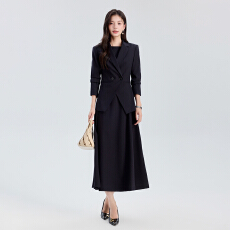 批发高级黑职业两件套女<b class='q'>七分袖</b>西装外套长款 A 字裙通勤工作服